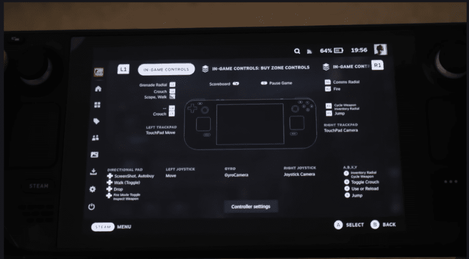 An image taken of a video highlighting the controls of the game CS: GO on the Steam Deck.
