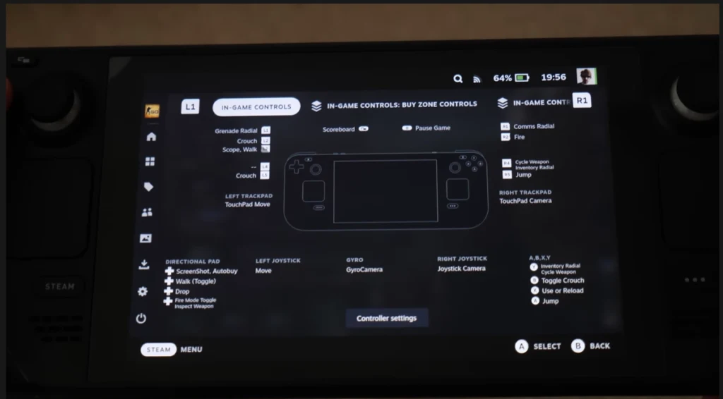 An image taken of a video highlighting the controls of the game CS: GO on the Steam Deck.