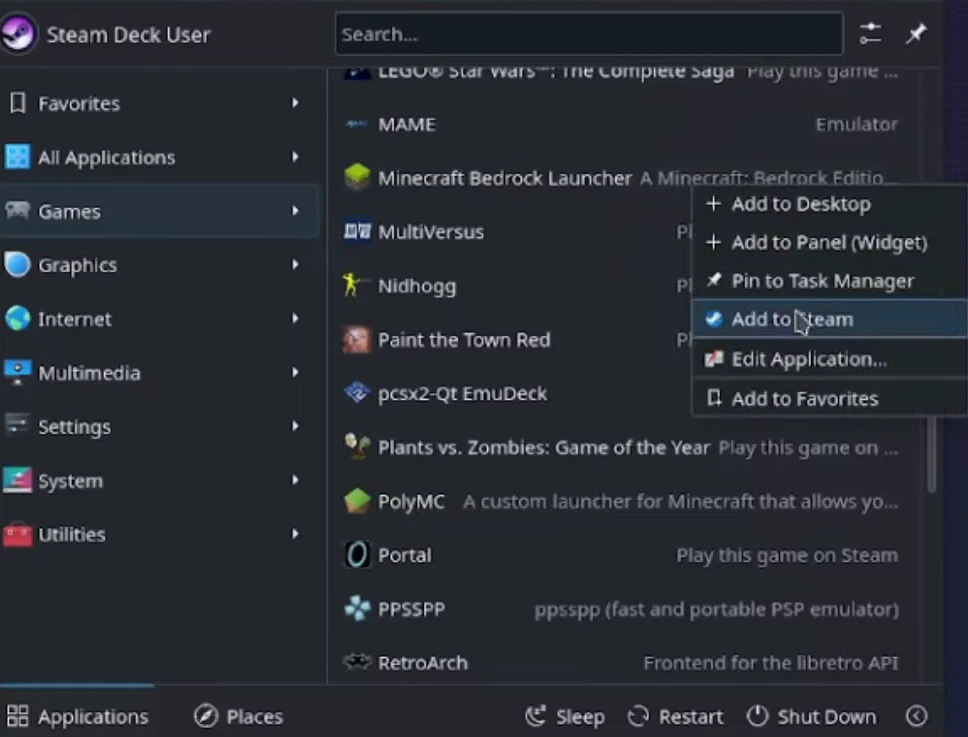 Start Menu Add to Steam