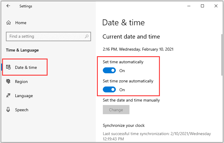 The screenshot is taken from the Date & time settings on Windows. We've also highlighted Set time automatically and Set time zone automatically. 