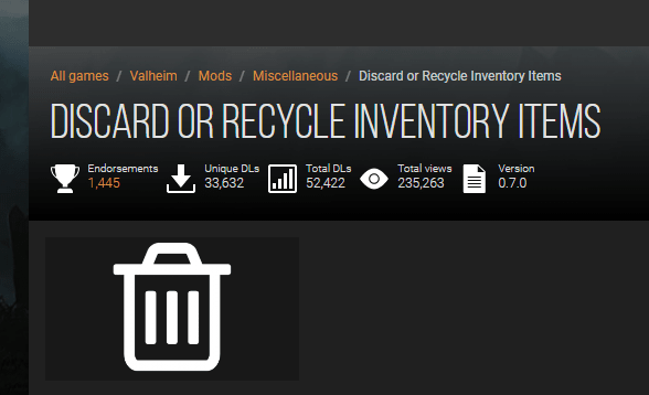 Discard or Recycle Inventory Items
Mod Valheim