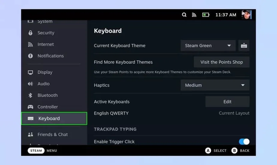 settings keyboard