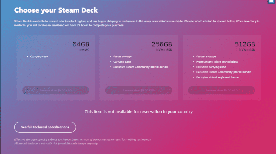 The image shows a Steam client unable to purchase or reserve a Steam Deck due to restrictions on which country they belong to. 