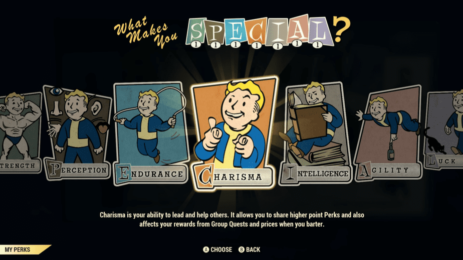 Fallout 76 S.P.E.C.I.A.L. attributes selection screen