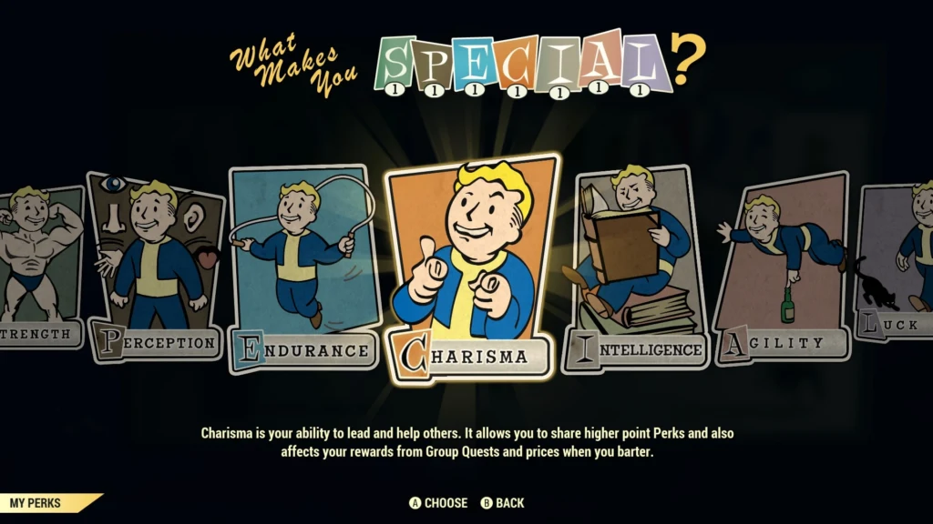 Fallout 76 S.P.E.C.I.A.L. attributes selection screen