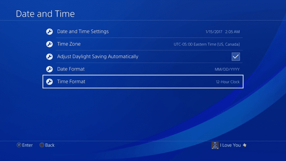 Screenshot of PlayStation Date and Time Settings