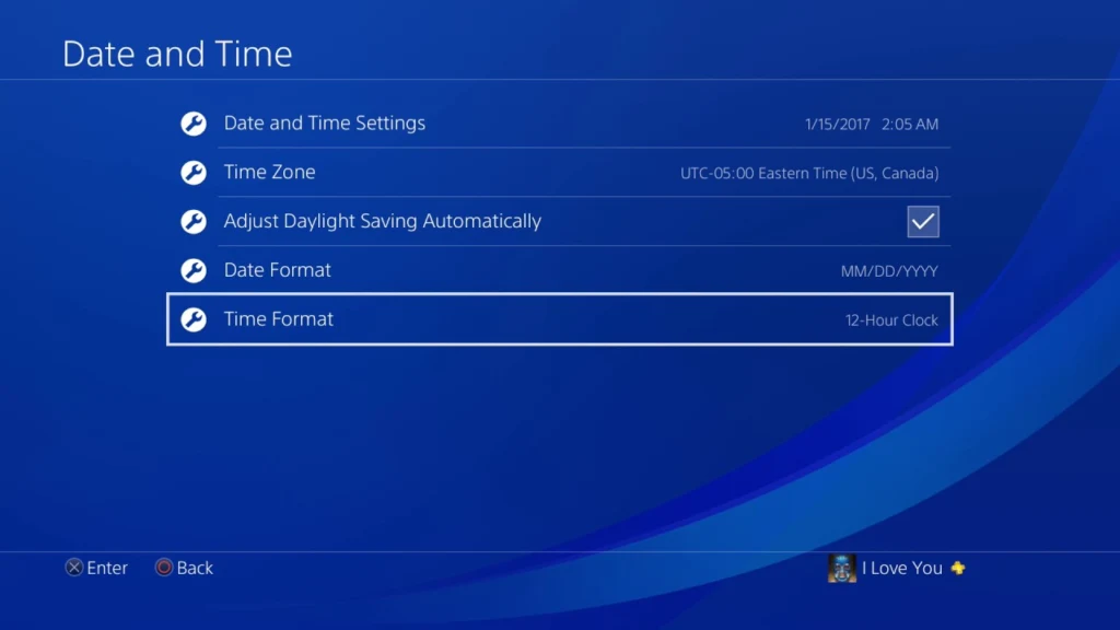 Screenshot of PlayStation Date and Time Settings