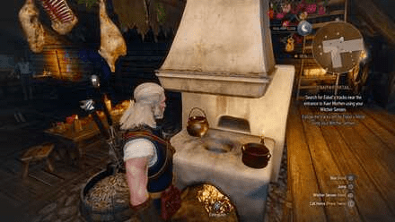 In-game Screenshot of Geralt in front of a Stove