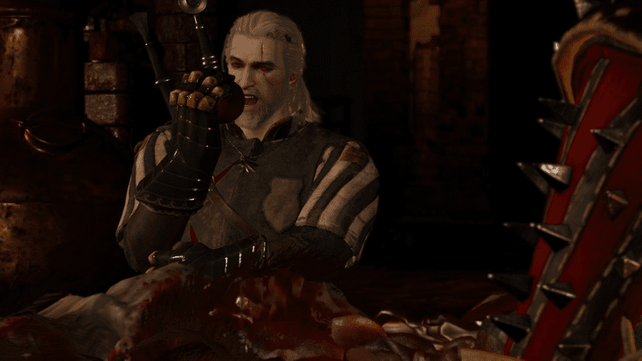 In-game Screenshot of Geralt Eating in Witcher 3