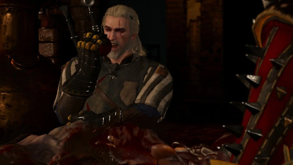 In-game Screenshot of Geralt Eating in Witcher 3