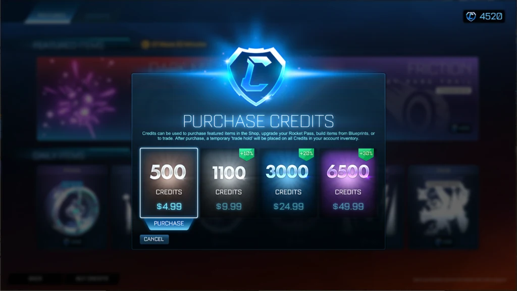 Credit Purchase option In-game of Rocket League