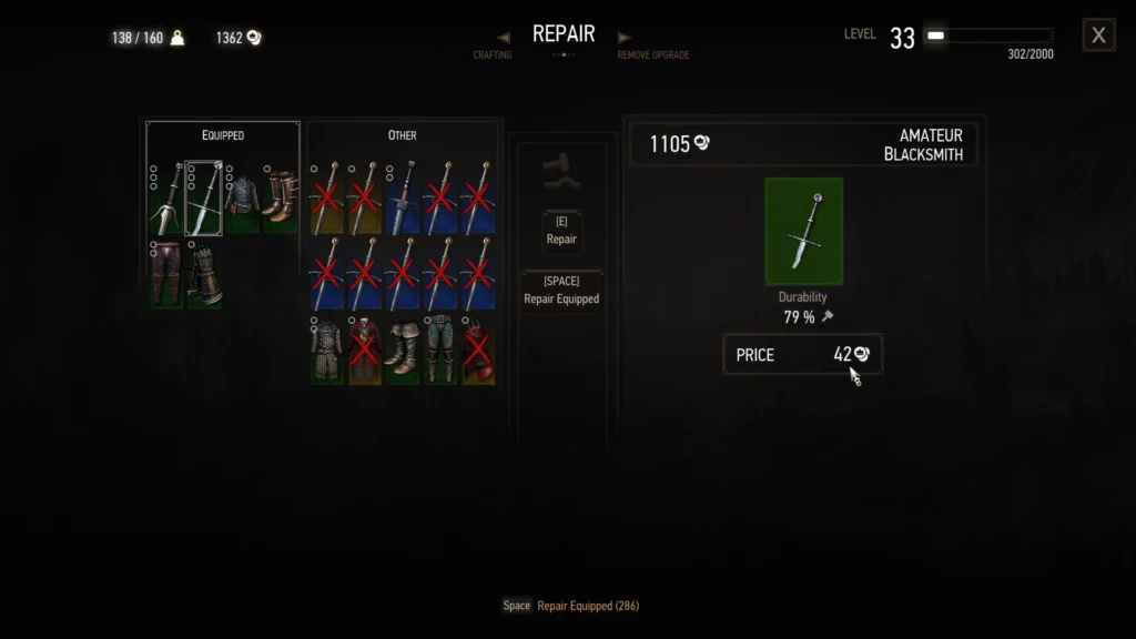 Screenshot of the Dismantle Menu, Witcher 3.