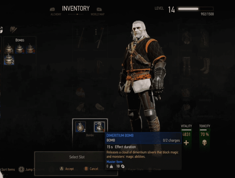 equipping bombs to slots in The Witcher 3