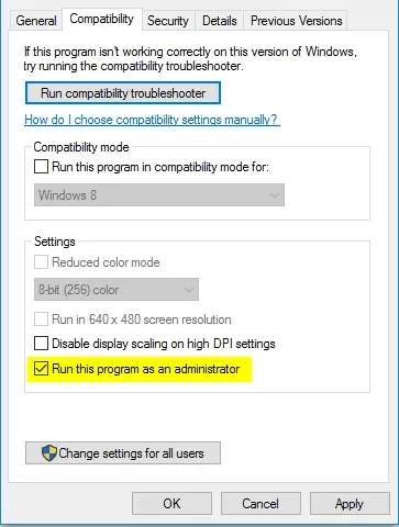 Check "Run this program as an administrator"
