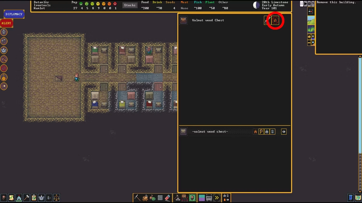 Item Menu with the option to Remove item circled - Dwarf Fortress