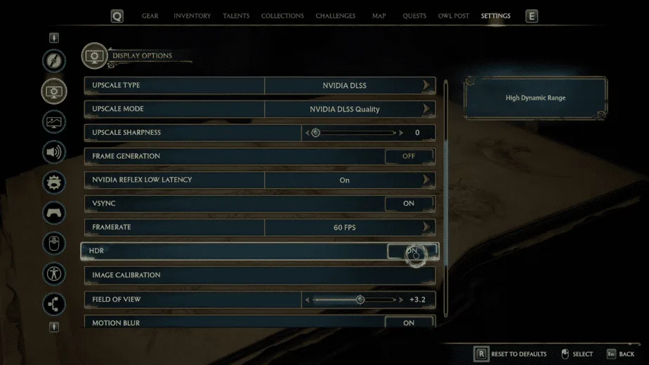 HDR settings in Hogwarts Legacy