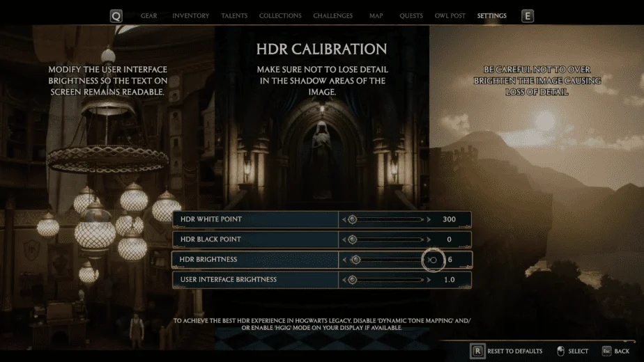 HDR Calibration in Hogwarts Legacy