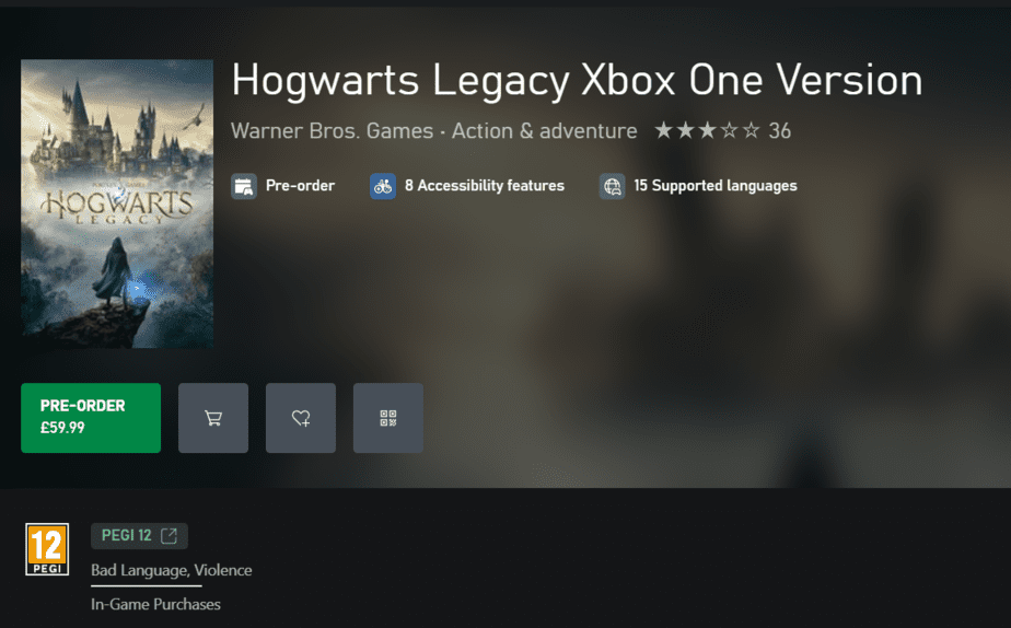 Hogwarts Legacy Pre-Order on the Xbox One Store