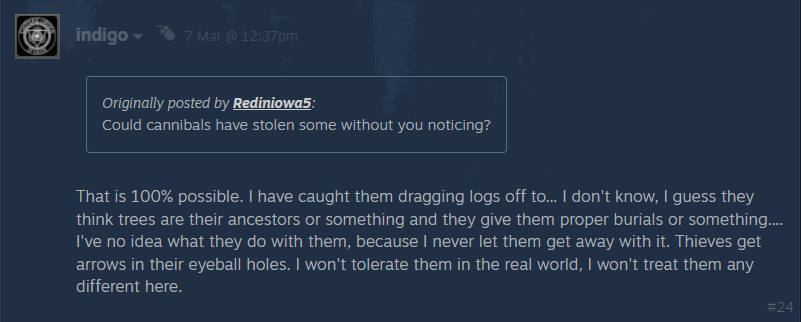 Discussion Regarding Cannibals Stealing Logs