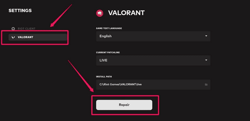 Repairing or verifying files in valorant