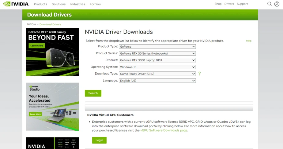 NVIDIA GPU Driver Update Site 