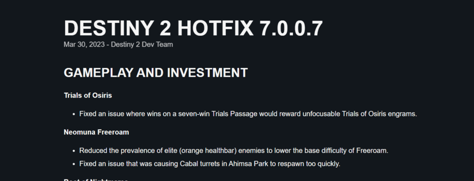 Destiny 2 7.0.0.7 Hotfix