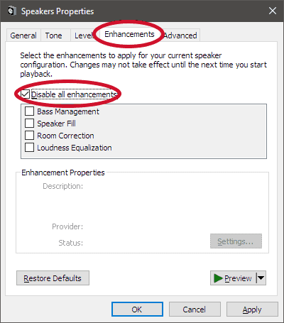 Disable Audio Enhancements - Windows 10