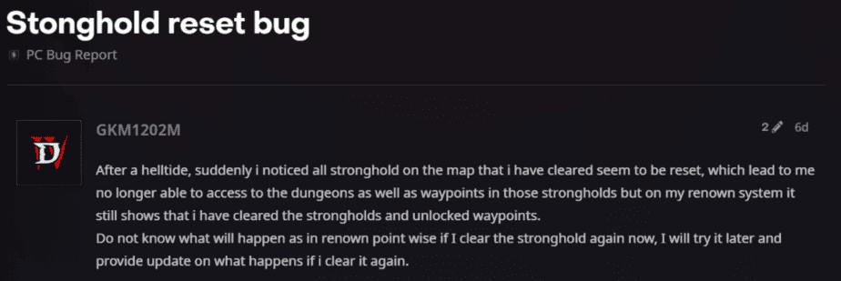 Stronghold Reset Bug - Diablo 4