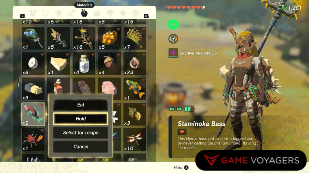 Hold Ingredients cooking Zelda Totk